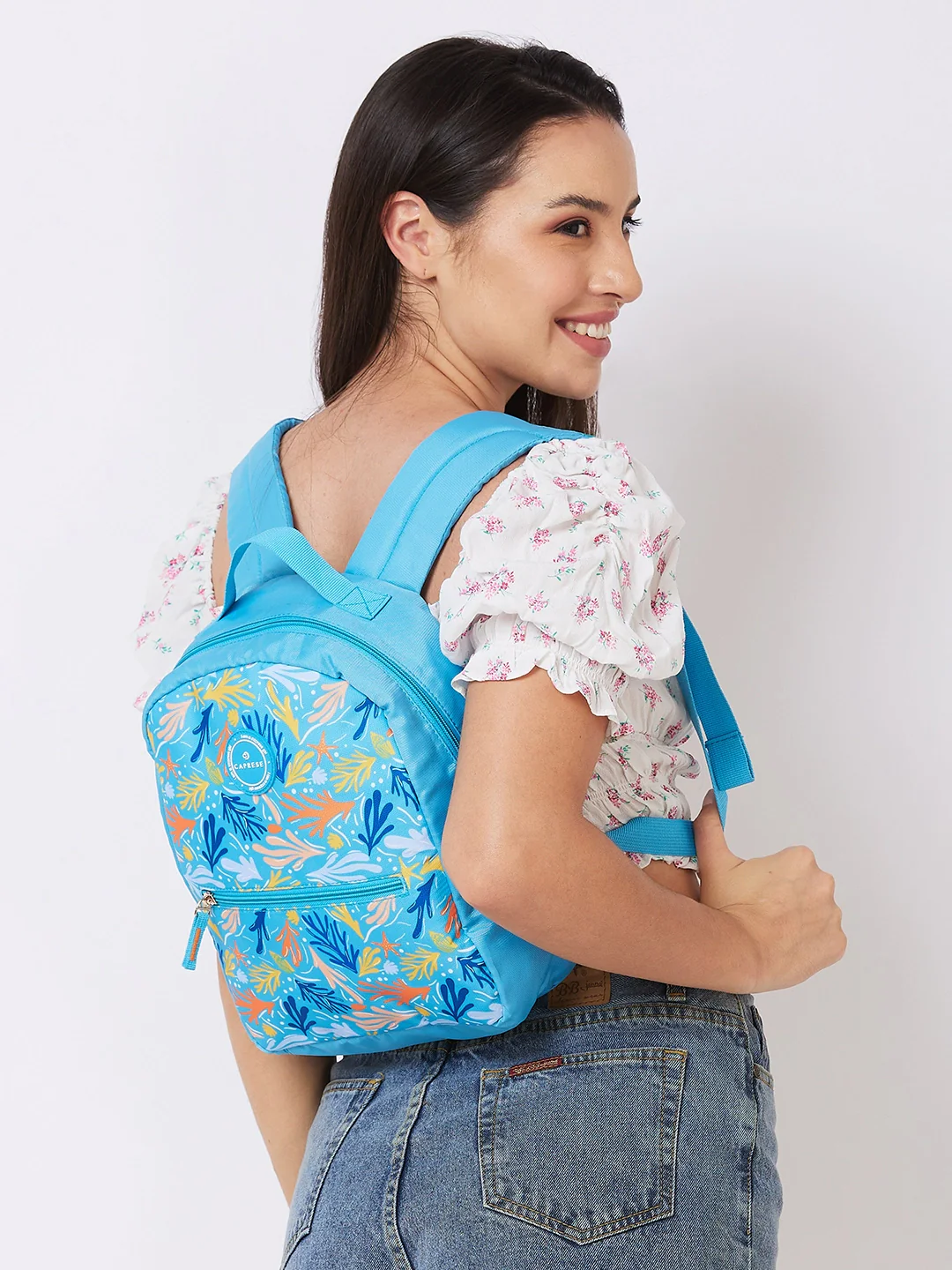 Caprese Xenia Small Light Blue Printed Backpack - Image 8