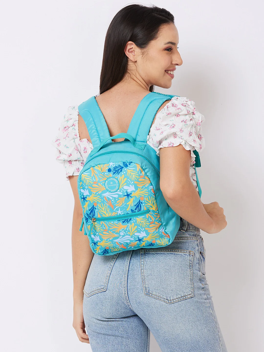 Caprese Xenia Small Turquoise Printed Backpack - Image 10
