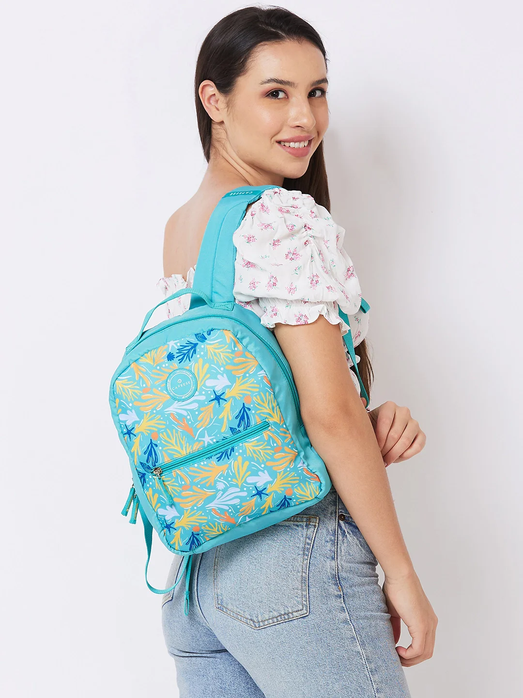 Caprese Xenia Small Turquoise Printed Backpack - Image 9