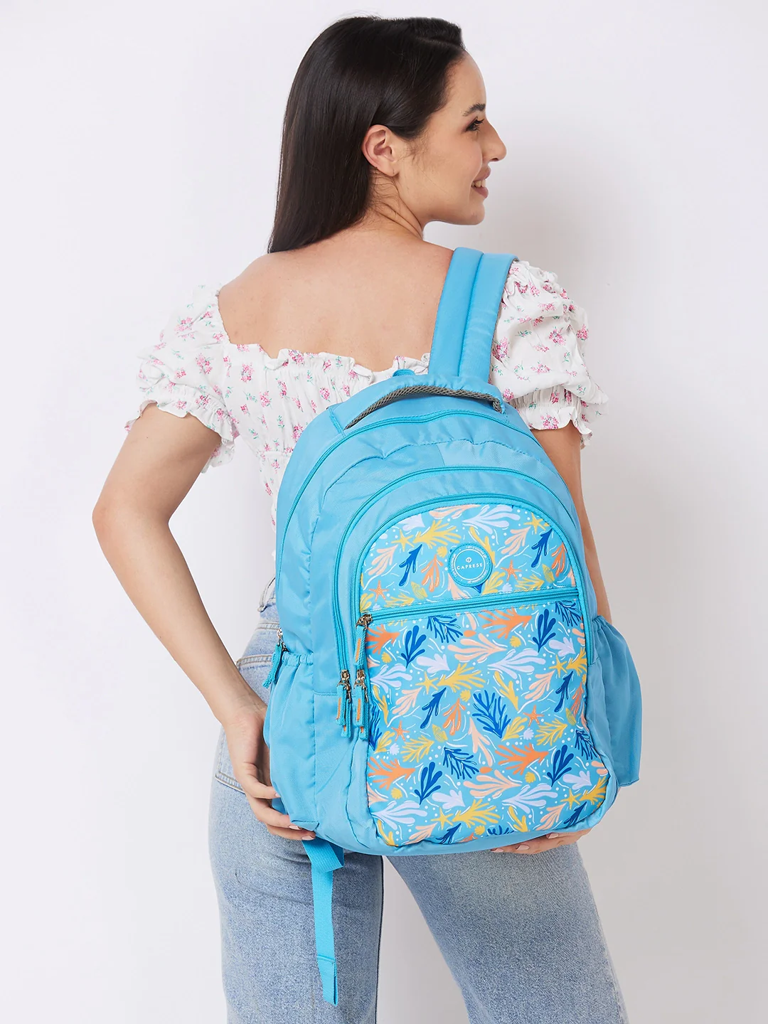 Caprese Xenia Large Printed Light Blue Laptop Backpack - Image 8