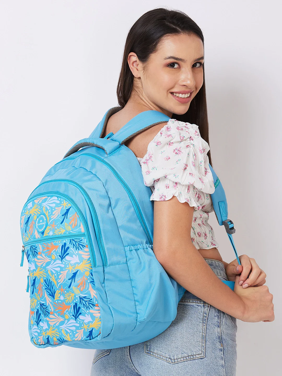 Caprese Xenia Large Printed Light Blue Laptop Backpack - Image 9