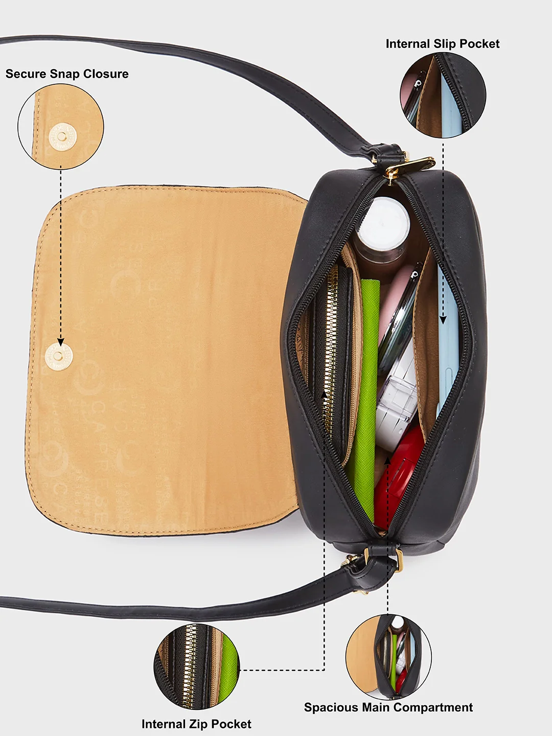 Caprese Zesty Medium Black Sling Bag - Image 9